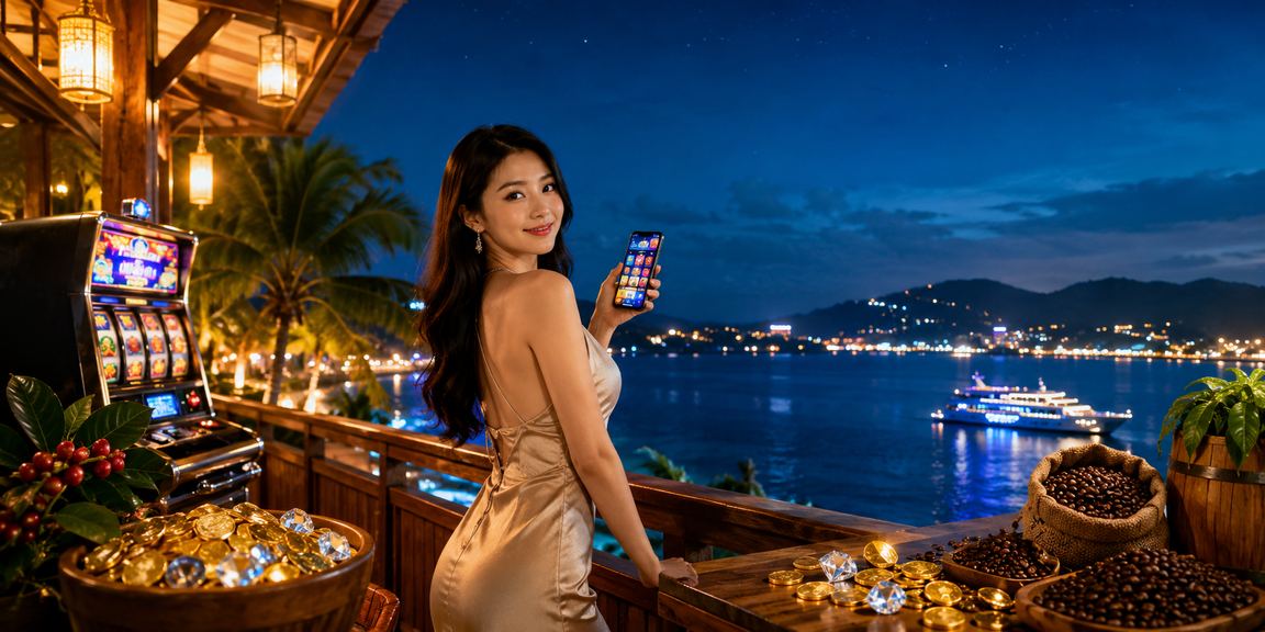 Người chơi trải nghiệm Slot Jackpot trên điện thoại tại Phú Quốc bên ly cà phê buổi sáng